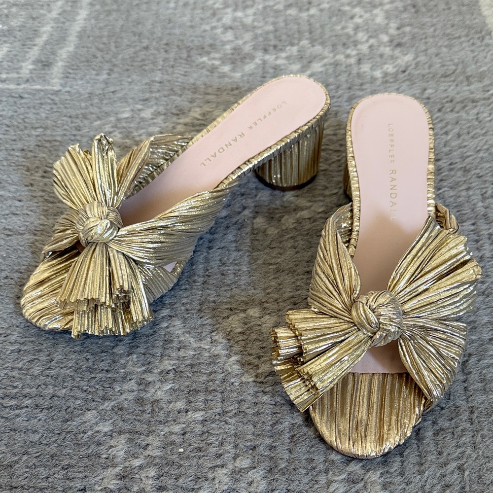 Loeffler Randall Emilia Metallic Gold Pleated Bow Mules 6